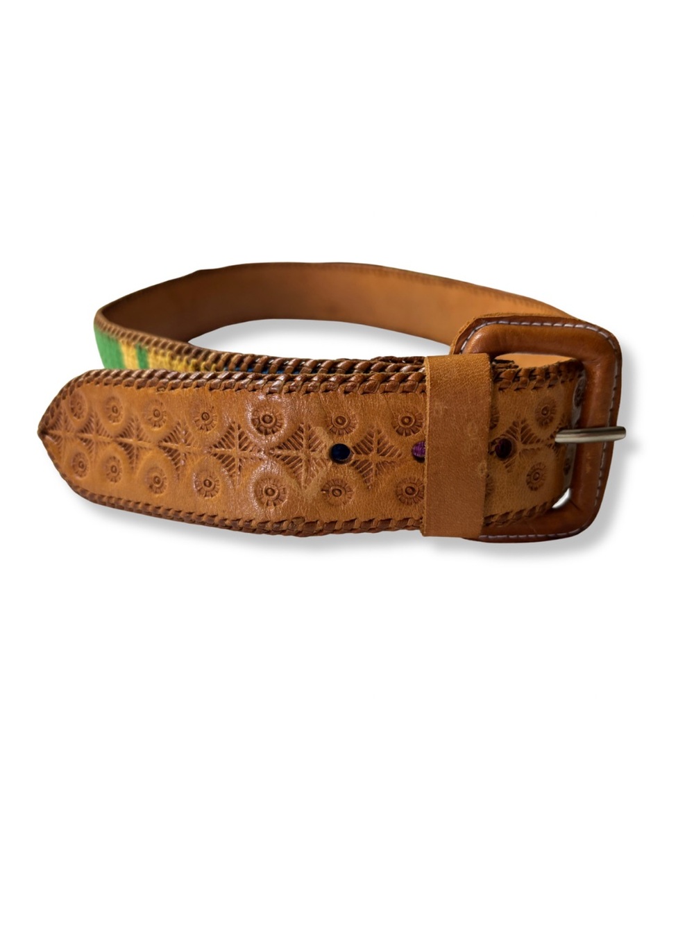 Guatemala Woven Leather Belt Colorful Boho Tooled Artisan 32”